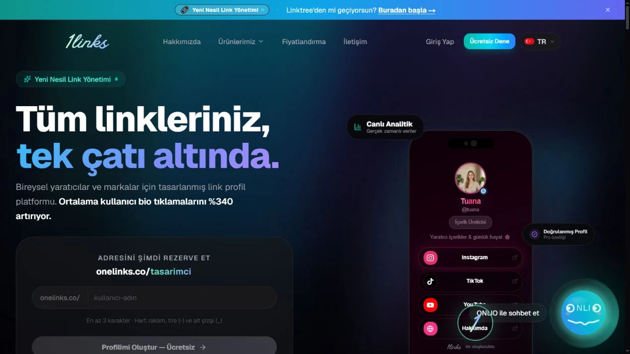 Onelinks ana sayfa önizlemesi
